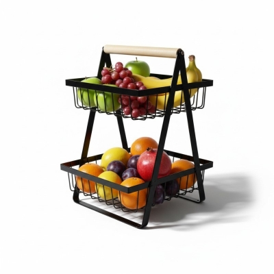 Picture of two-tier metal fruit basket with a wooden handle-Black