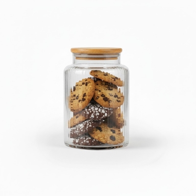 Picture of Airtight Glass Cookie Jar with Bamboo Lid for Kitchen Storage 1000ml Capacity Ribbed Textured Clear Glass Container Perfect for Storing Biscuits Sweets Dry Fruits Tea Leaves and Snacks Efficiently Online.-Multicolor