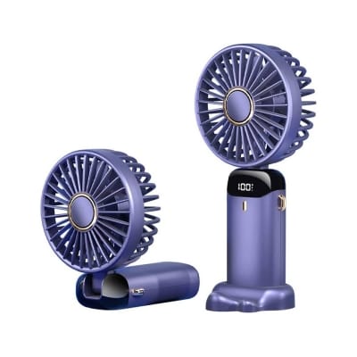 Picture of N15 Handheld Fan Portable USB Rechargeable Mini Fan with LED Digital Display and 5 Speed Settings Foldable Neck Fan for Travel Home Office Use High Capacity Battery Long Lasting Cooling Performance Purple.-Multicolor