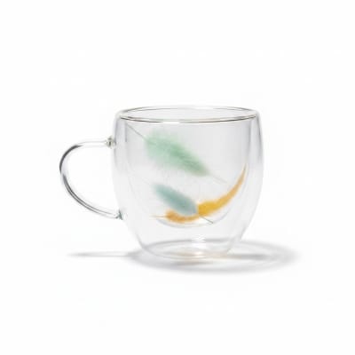 Picture of Premium High Borosilicate Double Wall Glass Coffee Mug with Beautiful Floating Colorful Feathers Design 350ml Heat Resistant Tea Cup for Hot and Cold Beverages Perfect for Gifting and Daily Home Use.-Multicolor