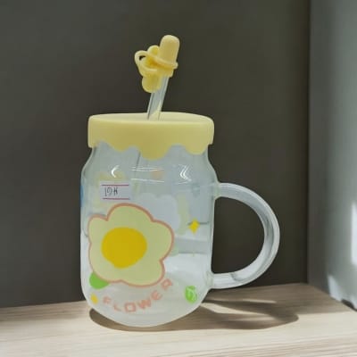 Picture of Multi-Color Borosilicate Glass Juice Mug | 400ml Printed Jar with Handle | Glass Straw & Silicone Cap | Scratch & Heat Resistant-Yellow