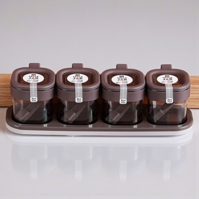 Picture of BPA-Free Square Spice Jar Set with Serving Spoons and Tray coffee color-Multicolor