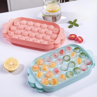 Picture of High quality round ice cube tray with 33 grids and non-spill lid perfect for creating mini ice ball maker spheres for whiskey cocktail juice wine ice cream chocolate and parties at home.-Multicolor