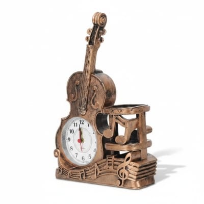 Picture of Antique Style Violin Shaped Analog Alarm Clock with Integrated Pen Holder for Students Desk Office Table Decoration Elegant Musical Instrument Theme Desktop Organizer Showpiece for Creative Home Interior Decor Gift Idea.-Multicolor