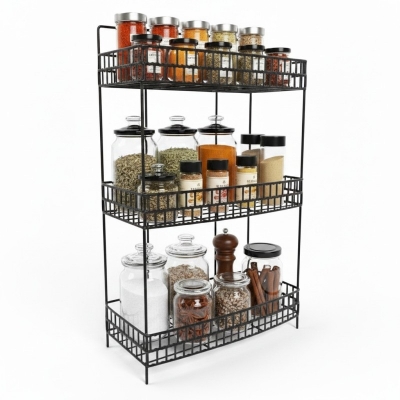 Picture of 3 Tier Black Metal Spice Rack Organizer Countertop Spice Shelf Standing Holder for Kitchen Pantry Cabinet-Black