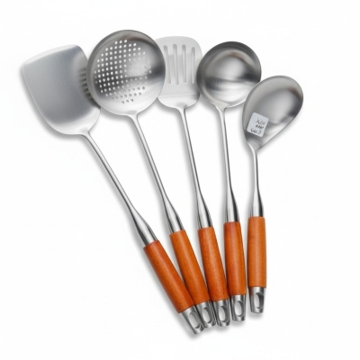Picture of Premium 304 Stainless Steel Kitchen Utensil Set with Ergonomic Rosewood Handles for Professional Cooking Including Long Wok Spatula Soup Ladle Slotted Turner and Skimmer Spoon for Daily Home Kitchen Use Today.-Multicolor