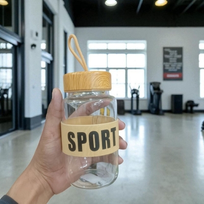 Picture of Clear Glass Sport Water Bottle with Wooden Lid and Light-Colored Band – Reusable Drinking Bottle for Water, Juice, Fitness, and Daily Hydration-Multicolor
