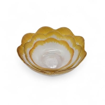 Picture of Premium 3-Piece Golden Rimmed Glass Serving Bowl Set Featuring Elegant Scalloped Flower Design, Clear Nesting Crystal Dishes for Fruit, Salads, Curry, and Desserts, Perfect Luxury Kitchenware for Formal Dining and Home Decor.-Multicolor