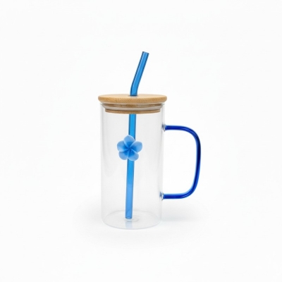 Picture of Premium Borosilicate Glass Pookie Mug with Blue Handle and Matching Glass Straw Featuring Elegant Blue Flower Charm and Eco Friendly Bamboo Lid with Airtight Silicone Seal for Hot or Cold Beverages.-Multicolor