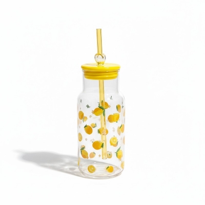 Picture of Lemon Print Sipper Glass 16oz capacity with Airtight Yellow Lid and Matching Glass Straw for Refreshing Summer Drinks Iced Coffee Smoothies Juices and Fruit Infused Water at Home Office or Outdoors.-Multicolor