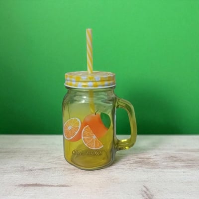 Picture of 1pcs yellow glass Mason jar mug with a handle, a checkered lid, and a striped straw, designed with print print body for drinking beverages. -Yellow