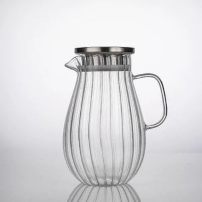 Picture of Stylish 1.8L Glass Carafe with Lid, Durable Borosilicate Body, Amber Striped Texture, Ideal for Cold Water, Juice, Milk, Iced Tea, DIY Drinks, Dishwasher Safe and Refrigerator Friendly-clear-white