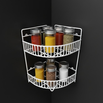 Picture of 2-Tier White Metal Corner Spice Rack Organizer, Space-Saving Kitchen Countertop Storage Solution for Jars, Seasonings, Bottles. Durable, Rust-Resistant Iron Shelf for Pantry & Bathroom Organization-Multicolor
