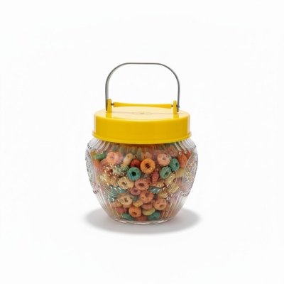 Picture of Premium Patterned Glass Kitchen Storage Jar with Airtight Yellow Lid and Metal Carrying Handle, Large Capacity Transparent Food Container for Fresh Cereal, Cookies, Snacks, and Pantry Organization for Modern Home Decor.-Multicolor