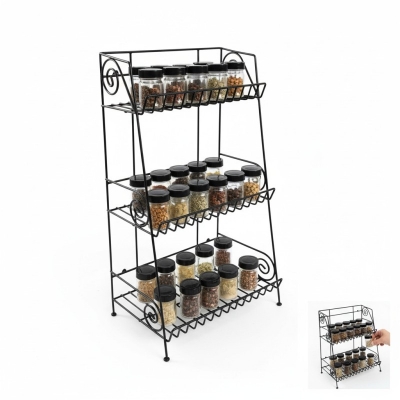 Picture of Modern Three Tier Metal Spice Rack Free Standing Kitchen Counter Organizer Black Wire Storage Shelf for Herb Jars Condiments and Bottles Decorative Swirl Design Heavy Duty Durable Kitchen Pantry Accessories.-Black