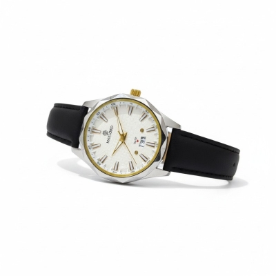 Picture of Premium Leather Watch for Men with Elegant Textured White Dial Gold-Tone Hands and Date Display Feature Waterproof Business Casual Wristwatch for Stylish Gents Perfect Gift Choice for Special Occasions.-Black