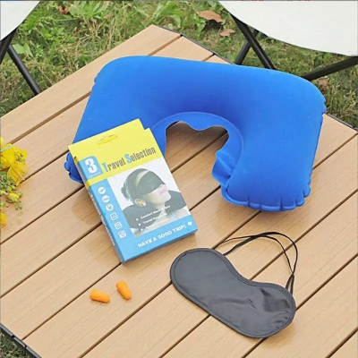 Picture of Premium 3-in-1 Travel Selection Kit featuring Inflatable U-Shaped Neck Pillow with Soft Eye Mask and Noise Cancelling Earplugs for Ultimate Comfort during Long Flights Car Journeys and Relaxing Train Trips Worldwide.-Multicolor