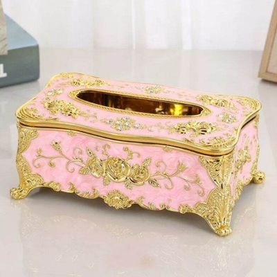 Picture of Tissue Cover Holder,Creative Embossed Roses and Rhinestones Rectangular Acrylic Tissue Box Cover Dispenser Napkin Organizer for Bathroom Bedroom Office and Car (light pink-Gold)-Multicolor