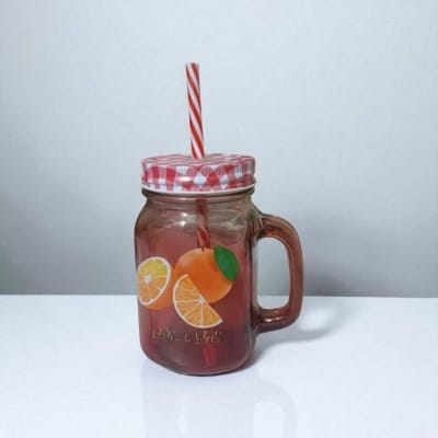 Picture of 1pcs red glass Mason jar mug with a handle, a checkered lid, and a striped straw, designed with print print body for drinking beverages. -Red