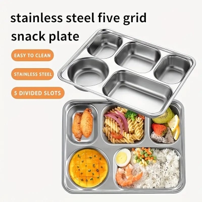 Picture of 1pcs Heavy-Duty Commercial Stainless Steel Five-Compartment Food Tray -weight lid, Large Restaurant Plate for Catering, School Cafeteria, Party, Home Kitchen - Ideal for Pasta, Meat, Vegetables, Desserts - Easy-Clean & Space-Saving Design, Catering Essent-Silver