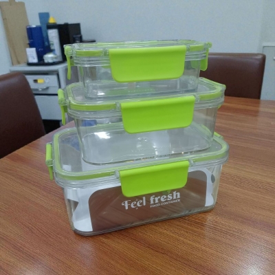 Picture of 3 pcs set 1200ml,800 ml & 300 ml Feel Fresh Rectangular PET Food Container, transparent green color lid-Multicolor