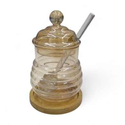 Picture of Elegant Glass Honey Pot with Integrated Dipper & Glass Lid-Gold