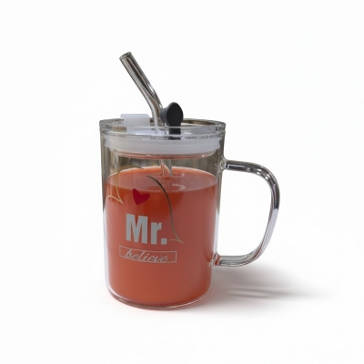 Picture of Premium Aesthetic Clear Glass Pookie Mug with Handle, Leak-Proof Lid, and Reusable Straw - Ideal Square Shape Designer Drinking Glass for Milk, Iced Coffee, Juice, and Tea-Multicolor