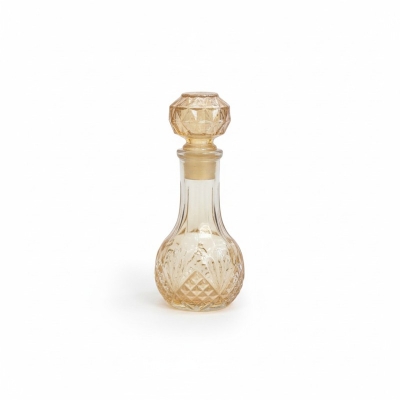Picture of Premium Vintage Amber Crystal Glass Decanter with Diamond-Cut Base and Matching Geometric Stopper for Whiskey, Wine, or Spirits; Elegant Decorative Vessel Featuring Lead-Free Hand-Painted Gold Detailing for Luxury Home Barware Collection-Gold