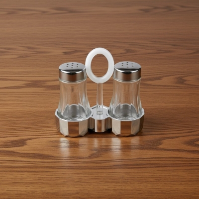 Picture of Premium Clear Acrylic Salt and Pepper Shaker Set with Chrome Finished Lids and Portable Ring Handle Stand, Elegant Transparent Condiment Dispenser Caddy for Home Kitchen Dining Table and Professional Restaurant Tableware.-Multicolor