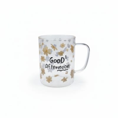Picture of Premium Floral Borosilicate Glass Coffee Mug with Good Afternoon Print, Heat Resistant Tea Cup for Home and Office Use, Durable and Lightweight Glassware for Hot or Cold Drinks, Perfect Gift Idea.-Multicolor