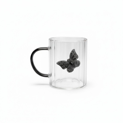 Picture of Premium 3D Butterfly Striped Borosilicate Glass Mug with Creative Colored Handle and Heat-Resistant Design for Coffee, Tea, Milk, Juice - Perfect Gift Idea for Home, Office, Wedding, and Birthdays (400ml Capacity).-Multicolor