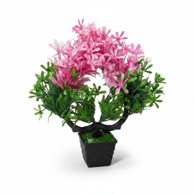 Picture of Artificial Pink Cherry Blossom Bonsai Tree in Black Pot for Indoor Home Office Tabletop Decorative Display-Multicolor