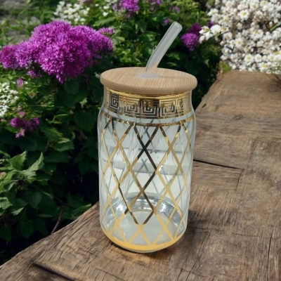 Picture of Modern Printed Can Shaped Glass – 1Pc 400ml Borosilicate Glass with Bamboo Lid & Glass Straw – Lightweight, Durable, Scratch Resistant & Microwave Safe – Perfect for Cold Beverages-Golden