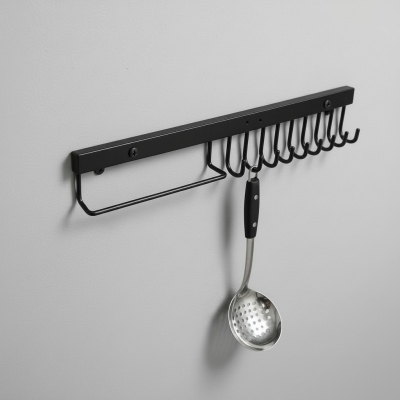 Picture of Wall Mounted Kitchen Utensil Rack Organizer Black Carbon Steel Heavy Duty Pot Pan Rail Hanger with Integrated Towel Bar for Spoons Ladles Cookware Storage Space Saving Solution-Black