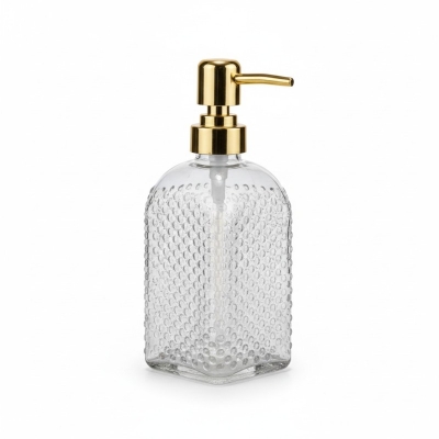Picture of Elegant 400ml Clear Vintage Embossed Bobble Glass Liquid Soap Dispenser with Rust-Proof Gold Pump for Modern Bathroom Vanity, Kitchen Countertop, Refillable Hand Soap, Dish Soap, Essential Oils, and Luxury Lotion Storage Solutions.-Multicolor
