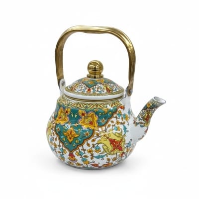 Picture of Premium Floral Enamel Tea Kettle with Vintage Gold Handle, 2.5L Capacity, Bohemian Style Porcelain on Steel Stovetop Teapot for Induction, Gas, Electric Stoves, Durable Non-Toxic Decorative Kitchenware for Modern Homes.-Multicolor