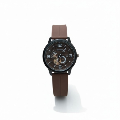 Picture of Premium Gents Watch 2002 featuring a stylish brown silicone belt and automatic mechanical skeleton movement, perfect for professional men looking for a sophisticated, luxury accessory in Bangladesh at best price today.-Brown