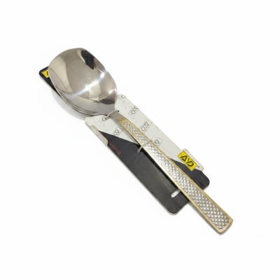 Picture of AYD Stainless Steel Serving Spoon with Elegant Gold Border Handle Mirror Polish Non-Magnetic Curry Rice Utensil-Silver