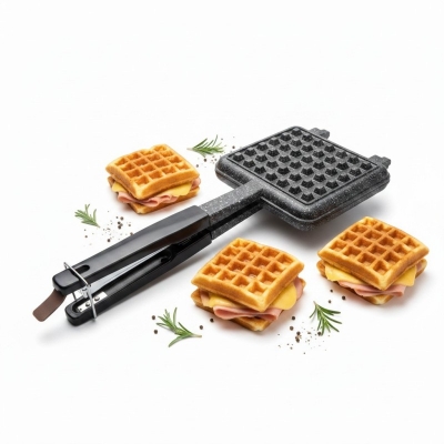 Picture of Non-Stick Stovetop Waffle Maker Iron Dual Head Cast Aluminum Square Belgian Baking Pan Toaster Over Gas Flame-Black