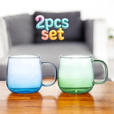 Picture of Pack of 2 Borosilicate Glass Mugs - 520ml, Microwave Safe, Scratch Resistant, Lightweight, Multicolor, No Lid, Round Shape, Ideal for Tea, Coffee, Hot & Cold Drinks, GPB27-ML Set.-Multicolor