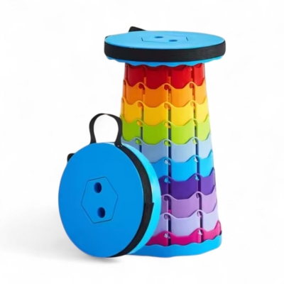 Picture of 1PC Rainbow Folding Stool Adjustable Height Portable Round Plastic Chair Compact and Lightweight Design Perfect for Outdoor Camping Travel Hiking Picnic Fishing BBQ and Home Use-Blue