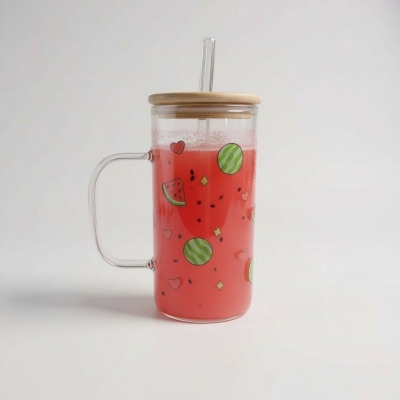 Picture of Premium Borosilicate Clear Glass Mug with Bamboo Lid & Reusable Straw, 15oz (450ml) Iced Coffee, Juice, Milk, & Tea Tumbler featuring Cute Watermelon Pattern, Heat-Resistant & Microwave Safe, Perfect Summer Drinkware Gift.-Multicolor