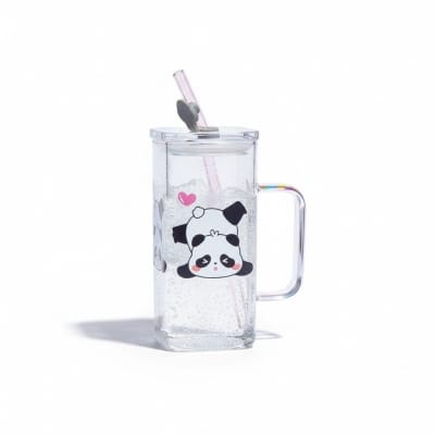 Picture of Cute Panda Dual-Use Glass Mug with Lid and Straw, 300ml High Borosilicate Heat-Resistant Tumbler, Reusable Drinking Cup for Hot & Cold Beverages, Kids & Adults-Multicolor
