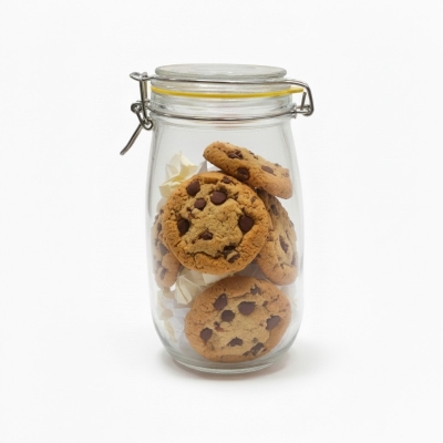 Picture of Premium airtight glass cookie jar with secure stainless steel locking clamp and yellow silicone gasket seal perfect for keeping homemade chocolate chip cookies crunchy fresh and delicious for much longer periods.-Multicolor