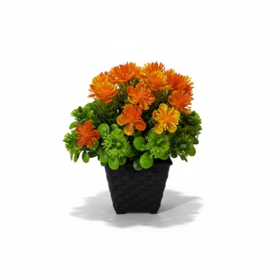 Picture of Premium Artificial Orange Flower Pot for Home Office Table Decoration realistic vibrant faux plant with black plastic weave basket base perfect for living room desk shelf or balcony indoor styling.-Multicolor