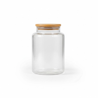 Picture of Large Ribbed Glass Storage Jar with Airtight Bamboo Lid Minimalist Kitchen Canister for Pantry Organization Clear Fluted Glass Food Container for Storing Pasta Flour Coffee Beans and Decorative Candy Display Jar.-Grey