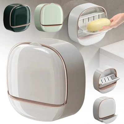 Picture of Luxury Wall Mounted Flip Top Soap Dish Holder with Lid Waterproof Dustproof Punch Free Adhesive Installation Soap Box for Bathroom Kitchen Sink Modern Durable Plastic Soap Storage Case with Drainage Tray Green.-Multicolor