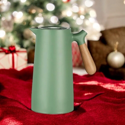 Picture of 1L Large Capacity Thermal Flask - Stainless Steel Construction with Solid Wood Handle, Glass Liner, Keeps Drinks Hot for 12-24 Hours, Perfect for Hydration on-the-Go-Multicolor