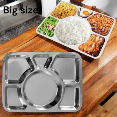 Picture of Stainless Steel Divided Plate, Dinner Snack Serving Plate with 6 Compartment, Metal Food Trays for Kids, Adults, Camping, Diet Food Portion Control, Picky Eaters  40cm X 30cm-Silver