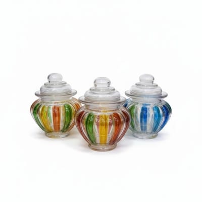 Picture of Set of 3 Multicolor Glass Storage Jars with Airtight Lids for Kitchen Countertop Organization Decorative Candy Dishes Ribbon Striped Clear Glass Canisters for Bulk Food Sugar Spices Flour and Snacks.-Multicolor